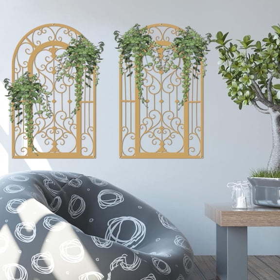 ESTART 2PCS Metal Window Arch Wall Art Rustic Farmhouse Style Wall Panels with Carved Iron Medallion Design for Home (Gold)