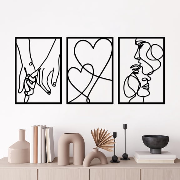 ESTART 3PCS Metal Minimalist Line Wall Art Valentine's Day Lover Kiss Hand Metal Wall Decor for Bedroom Bathroom Living Room(Black)