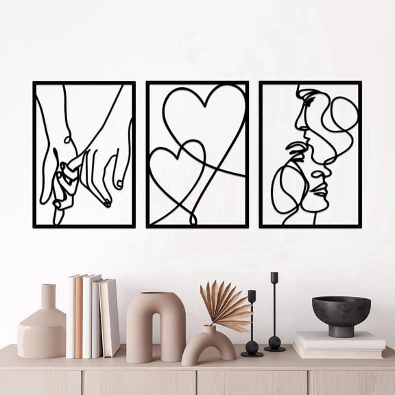 ESTART 3 Pcs Black Metal Minimalist Line Wall Art,Valentine's Day Lover Kiss Hand Wall Decor for Bedroom Bathroom Living Room