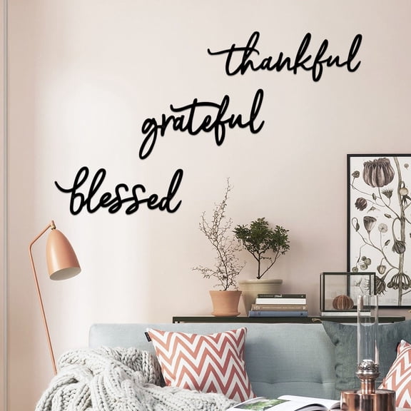 ESTART 3 Pcs Thankful Grateful Blessed Metal Wall Decor, Black Letter Art, Bathroom Bedroom Home Sign