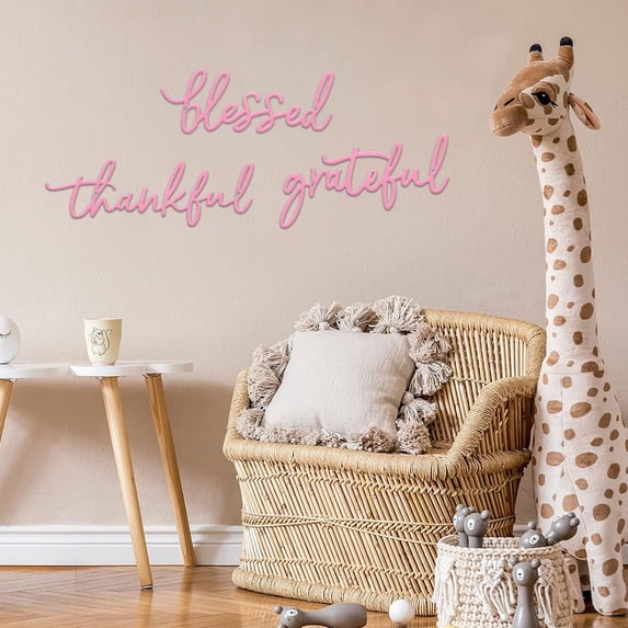 ESTART 3PCS Thankful Grateful Blessed Metal Wall Decor Pink Letters Wall Art for Bathroom Bedroom Home Decor