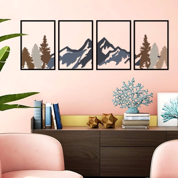 ESTART 4 Pcs Metal Mountain Wall Art, Colorful Mountain and River Landscape Wall Decor for Living Room, Bedroom, Office