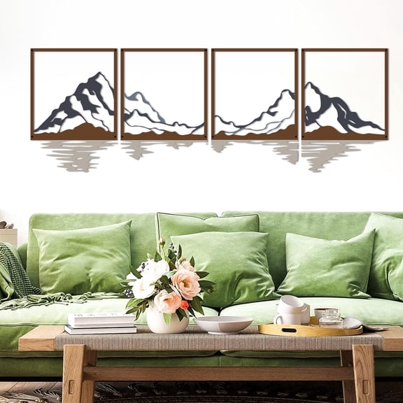 ESTART 4 Pcs Metal Mountain and Lake Wall Art, Abstract Line Nature Wall Decor for Living Room, Dining Room, Office (Colorful Large)
