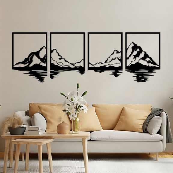 ESTART 4 Pcs Metal Mountain Lake Wall Art, Abstract Nature Line Decor for Living Dining Room and Office