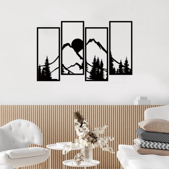 ESTART 4 Pcs Metal Sunset Mountain and Forest Wall Art, Minimalist Line Drawing Nature Landscape Wall Decor for Living Room, Bedroom, Office (Large)