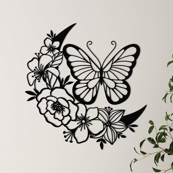 ESTART Boho Black Metal Moon Butterfly Wall Decor, Flower Hanging Wall Art for Bedroom, Bathroom, Garden, Fence