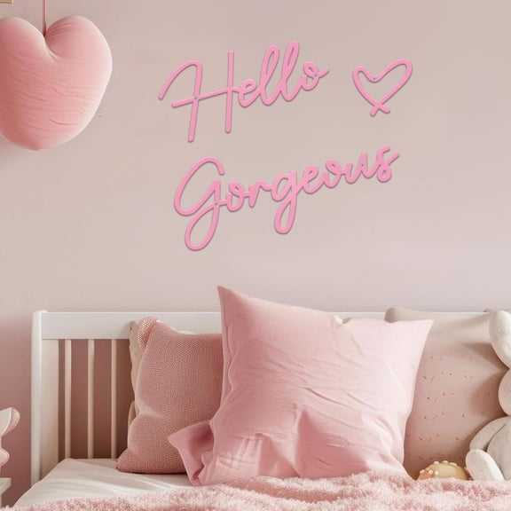 ESTART Hello Gorgeous Metal Wall Art Decor Pink Modern Wall Sign Farmhouse Metal Hanging Decoration for Home Bathroom Bedroom Living Room Office Hotel