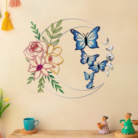 ESTART Colorful Metal Moon Wall Art, Floral Butterfly Decor, Bohemian Hanging Sculpture for Home Garden
