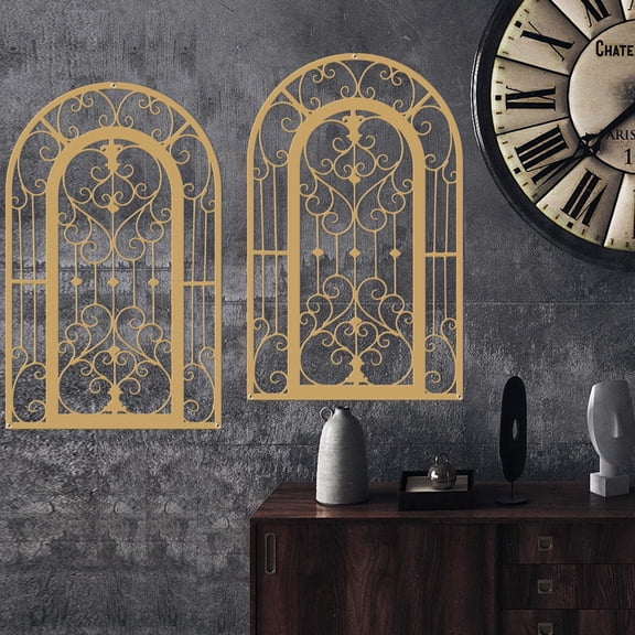 ESTART Rustic Farmhouse Metal Scroll Wall Decor, 2 Pcs Window Arch Wrought Iron Wall Panels with Medallion Scroll Design for Living Room, Bathroom, Bedroom