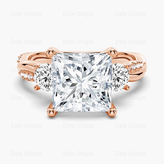 ESTE ORIGIN 2.00Ct Lab-Grown Princess Cut Diamond Three-Stone Ring – IGI Certified, Pavé Band in 14K Rose Gold for Women