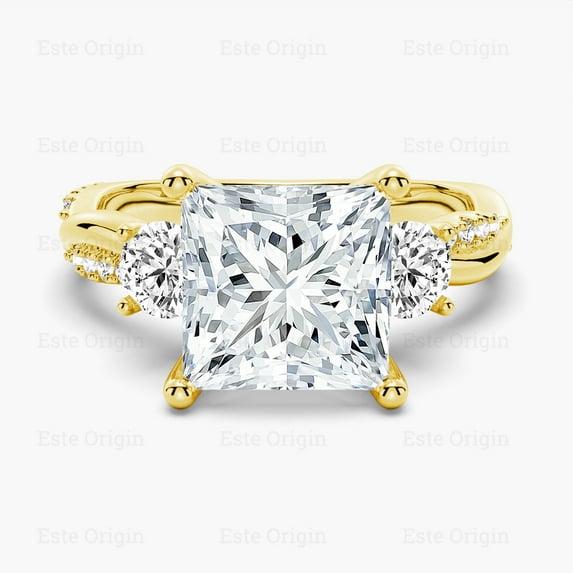 ESTE ORIGIN 2.00Ct Lab-Grown Princess Cut Diamond Three-Stone Ring – IGI Certified, Pavé Band in 14K Yellow Gold for Women