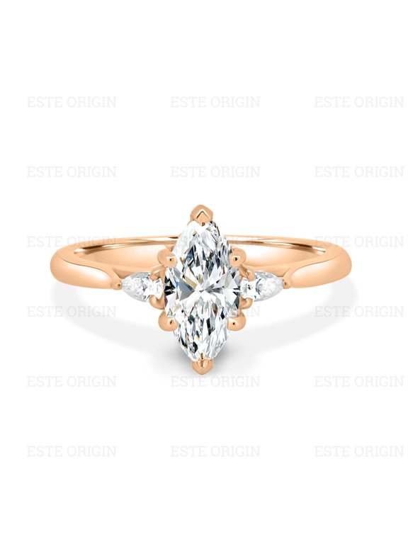 1.50Ct Colorless Marquise Moissanite Trilogy Engagement Ring with Hidden Halo & Pear Accents in 10K Rose Gold for Women