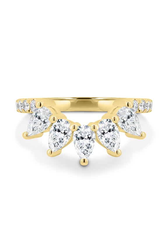 1.50Ct Moissanite Pear Accent Curved Wedding Ring, Tiara Style Band in 10K Yellow Gold for Women