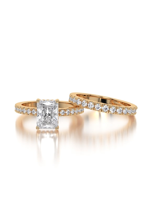 1.50Ct Radiant Cut Lab-Grown Diamond Bridal Set – Engagement + Wedding Ring, IGI Certified in 10K Yellow Gold for Women