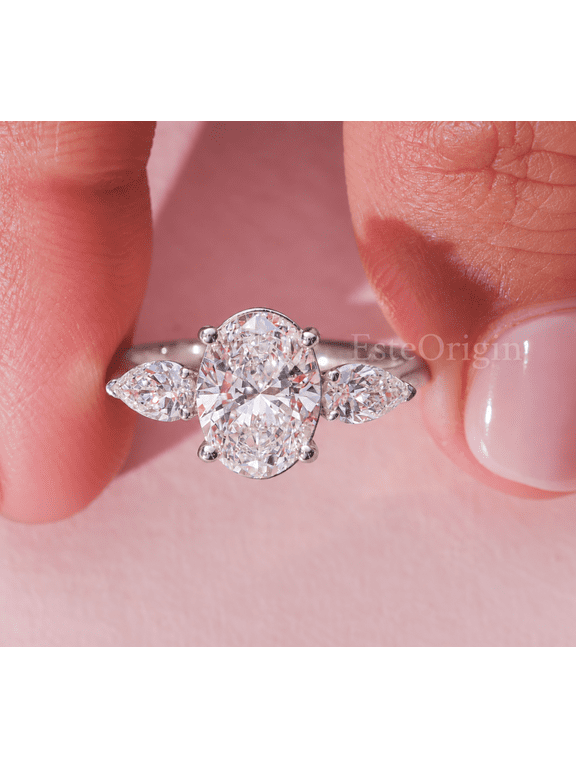 2.00 Ct Oval Lab Grown Diamond Cathedral Engagement Ring, Side Pear, 10K White Gold
