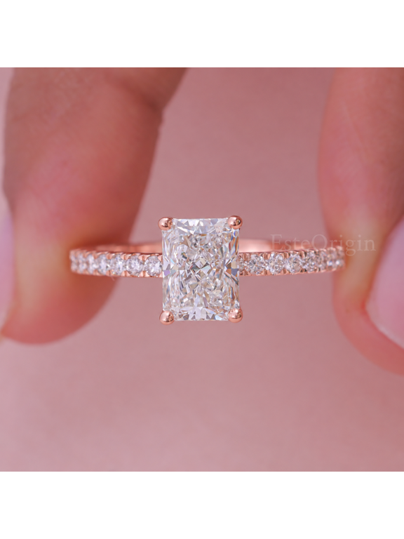 2.00 Ct Radiant Moissanite Solitaire Engagement Ring, Hidden Halo Pavé, 10K Rose Gold