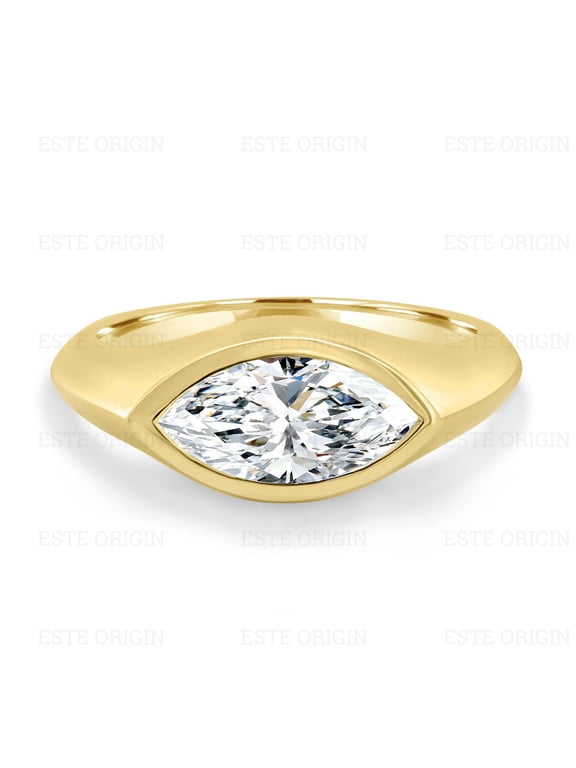 2.00Ct East West Marquise Lab Grown Diamond Bezel Set Solitaire Ring - Bold 3mm Band in 10K Yellow Gold for Women