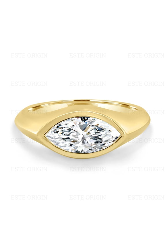 2.00Ct East West Marquise Lab Grown Diamond Bezel Set Solitaire Ring - Bold 3mm Band in 10K Yellow Gold for Women