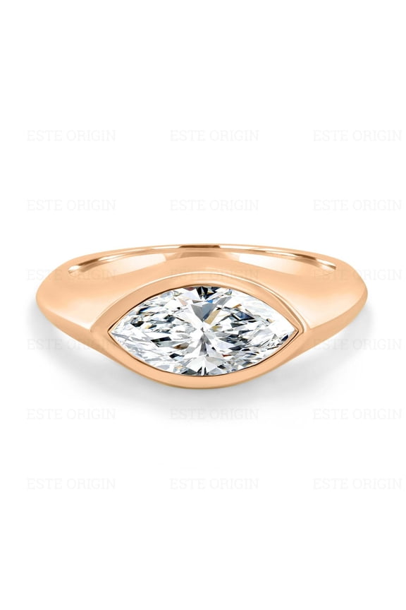 2.00Ct East West Marquise Lab Grown Diamond Bezel Set Solitaire Ring - Bold 3mm Band in 14K Rose Gold for Women