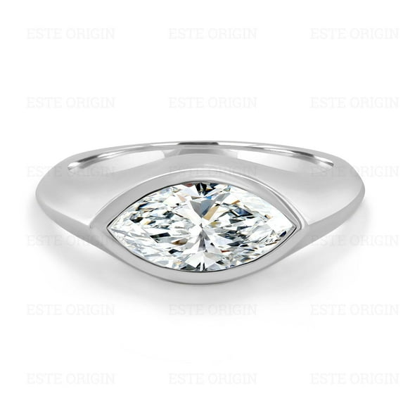ESTE ORIGIN 2.00Ct East West Marquise Moissanite Bezel Set Solitaire Ring - Bold 3mm Band in 10K White Gold for Women