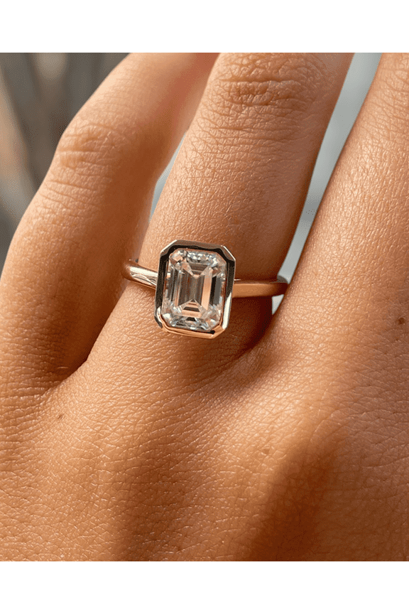 2.00Ct Emerald Cut Bezel Set Lab-Grown Diamond Solitaire Engagement Ring in 14K Yellow Gold for Women US 5