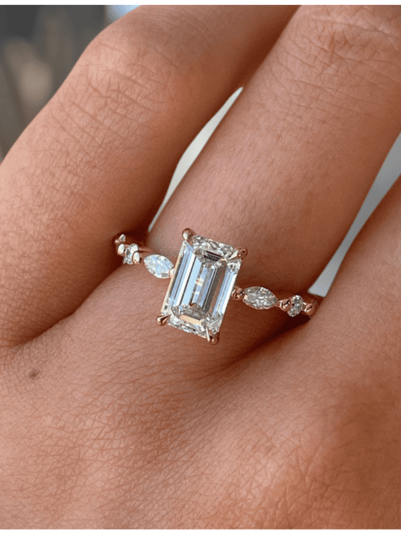 2.00Ct Emerald Cut Lab-Grown Diamond Solitaire Engagement Ring - Marquise & Round Accent Band in 10K Yellow Gold for Women US 5