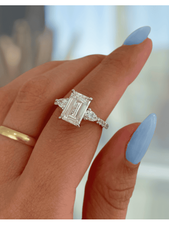 2.00Ct Emerald Cut Moissanite Trilogy Engagement Ring – Pear Side Stones, Pavé Band, Cathedral Setting in 10K Rose Gold for Women US 5