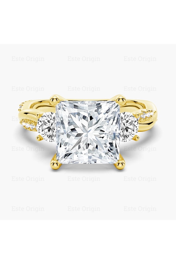 2.00Ct Lab-Grown Princess Cut Diamond Three-Stone Ring – IGI Certified, Pavé Band in 10K Yellow Gold for Women
