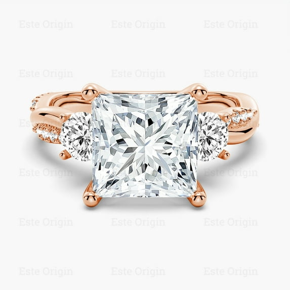 ESTE ORIGIN 2.00Ct Lab-Grown Princess Cut Diamond Three-Stone Ring – IGI Certified, Pavé Band in 14K Rose Gold for Women