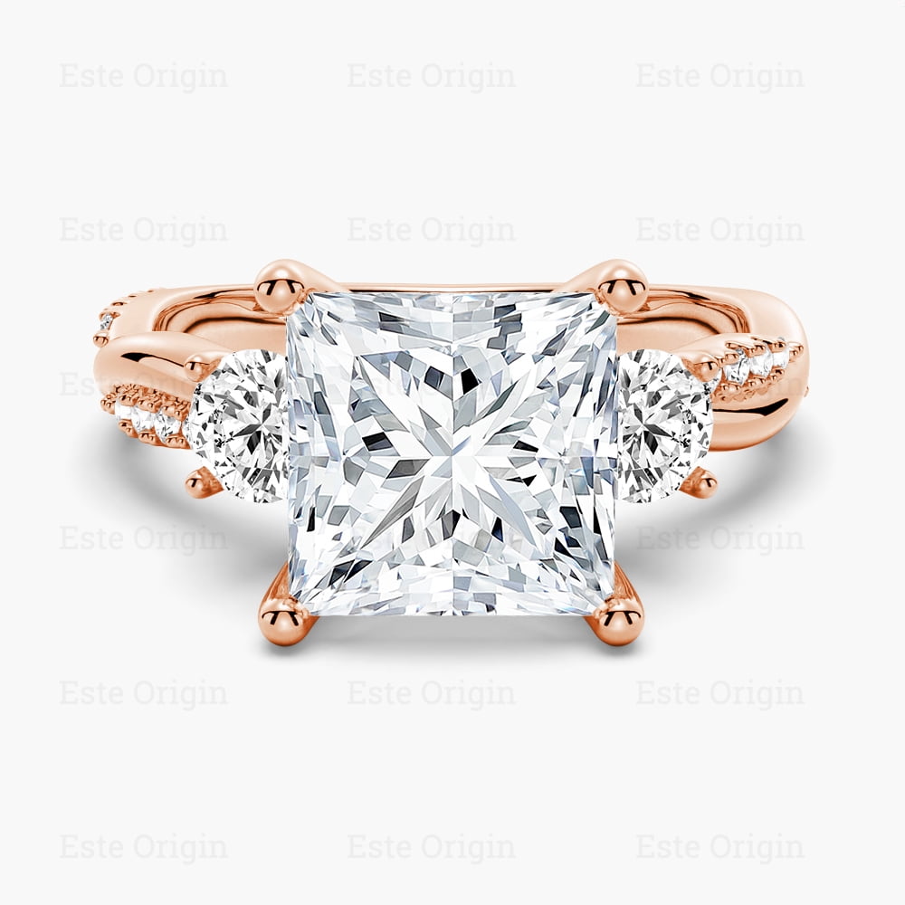 ESTE ORIGIN 2.00Ct Lab-Grown Princess Cut Diamond Three-Stone Ring – IGI Certified, Pavé Band in 18K Rose Gold for Women