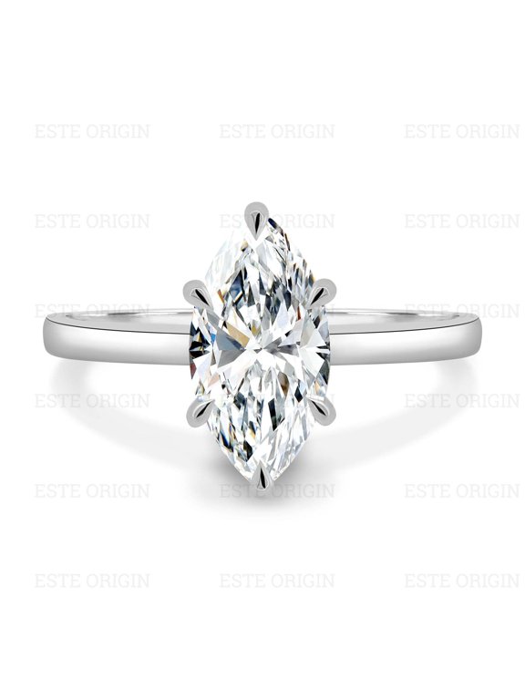 2.00Ct Marquise Moissanite Solitaire Engagement Ring – 6-Claw Low-Set Design in 14K White Gold for Women
