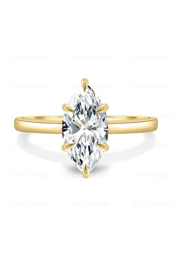 2.00Ct Marquise Moissanite Solitaire Ring with Hidden Halo – 6-Claw Cathedral in 14K Yellow Gold for Women