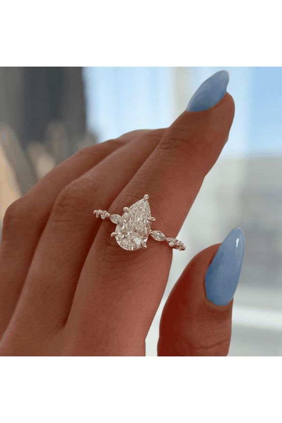 2.00Ct Pear Cut Lab-Grown Diamond Solitaire Engagement Ring with Marquise & Round Accent Band in 10K White Gold for Women US 4