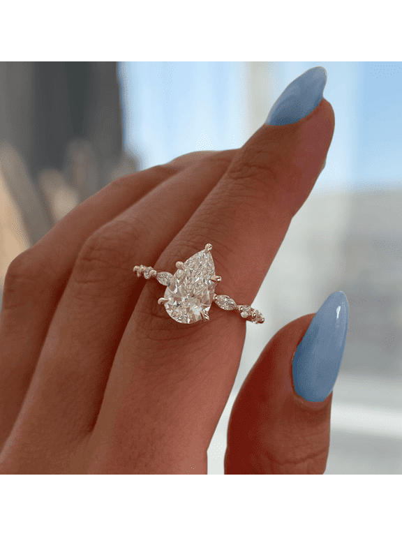 2.00Ct Pear Cut Lab-Grown Diamond Solitaire Engagement Ring with Marquise & Round Accent Band in 18K White Gold for Women US 6