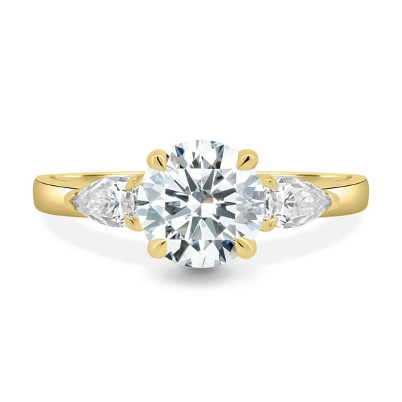ESTE ORIGIN 2.00Ct Round Cut Lab-Grown Diamond 4-Claw Basket Trilogy Engagement Ring – Pear Side Stones in 14K Yellow Gold for Women