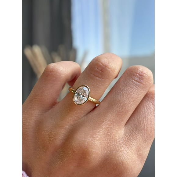 2.0CT Oval Lab-Grown Diamond Solitaire Engagement Ring with Bezel Setting in 14K Yellow Gold for Women, available in US 7.