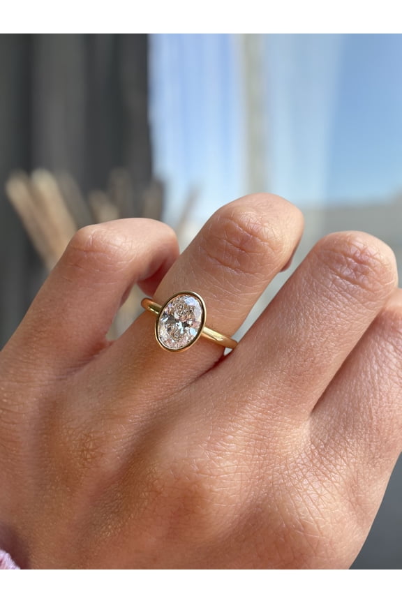 2.0CT Oval Lab-Grown Diamond Solitaire Engagement Ring with Bezel Setting in 18K White Gold for Women, available in US 6.