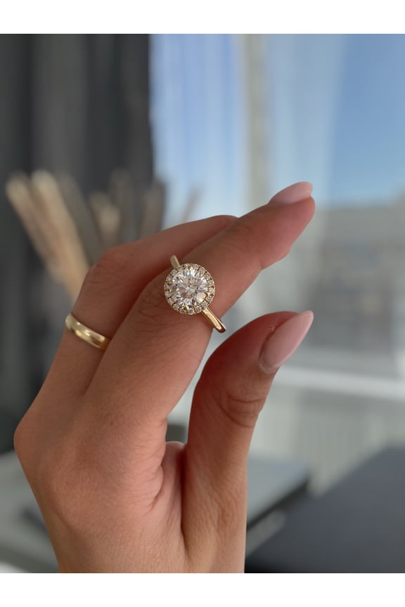 2.00Ct Round Cut Lab-Grown Diamond Halo Solitaire Engagement Ring – Cathedral Setting in 14K Yellow Gold for Women
