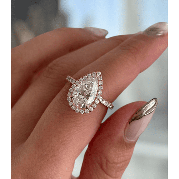 ESTE ORIGIN 2.50Ct IGI Certified Pear Cut Lab-Grown Diamond Ring, Cathedral Halo & Pavé Band in 18K White Gold for Women US 7
