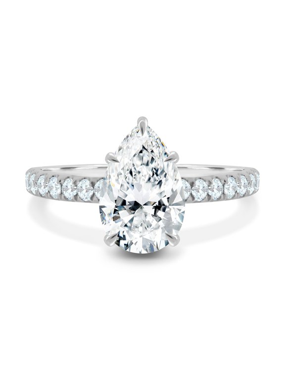 2.50Ct Pear Moissanite Ring with Hidden Halo & 2/3 Pavé Band in 10K White Gold for Women's