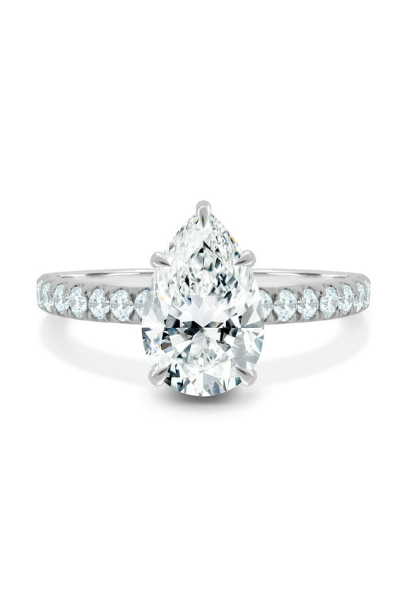 2.50Ct Pear Moissanite Ring with Hidden Halo & 2/3 Pavé Band in 10K White Gold for Women's
