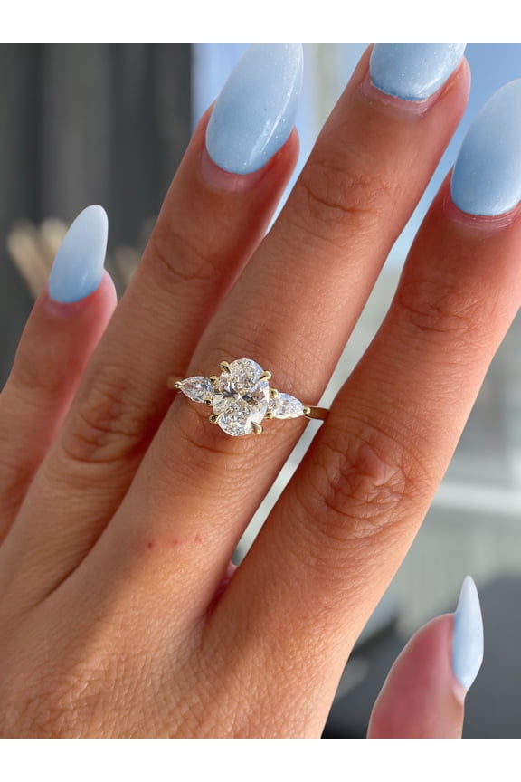 2.00Ct Lab-Grown Oval Diamond Trilogy Engagement Ring – IGI Certified, Pear Side Stones, Cathedral Three-Stone Ring in 18K Yellow Gold for Women