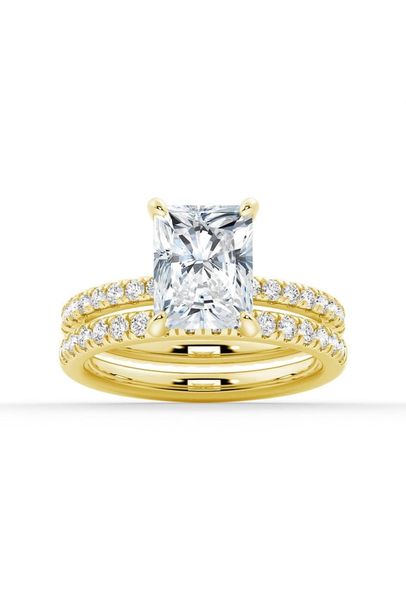 2.5CT Radiant Cut Lab-Grown Diamond Engagement Ring Set – Bridal Wedding Ring Set in 10K Yellow Gold Solitaire Stackable Ring Set for Her US 5