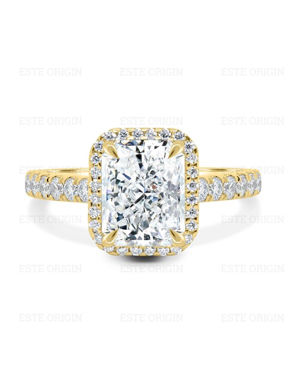 2.5Ctw Radiant Cut Lab-Grown Diamond Halo Engagement Ring with Pavé Band in 10K Yellow Gold for Women