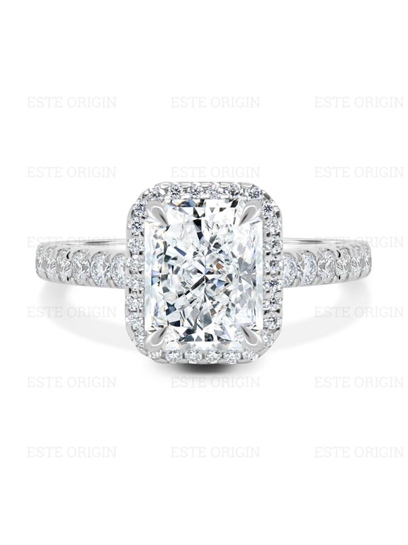 2.5Ctw Radiant Cut Moissanite Halo Engagement Ring with Pavé Band in 10K White Gold for Women
