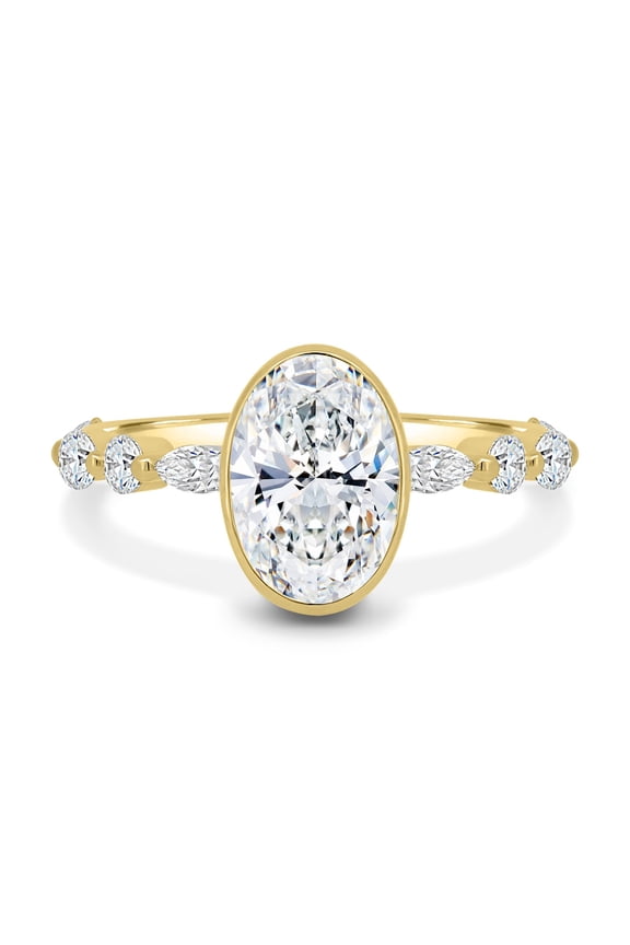 2CT Oval Solitaire Moissanite Diamond Ring with Marquise and Round Diamond Band 10K Yellow Gold Bezel Set Engagement Ring for Her US 7.
