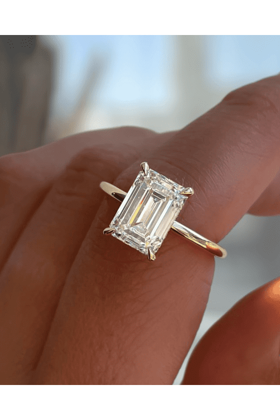 2Ct Emerald Cut Lab-Grown Diamond Engagement Ring 10K White Gold Hidden Halo Solitaire Ring For Her, US 7.