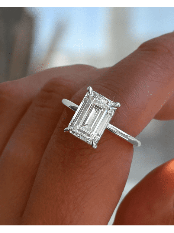 2.00Ct Emerald Cut Lab Grown Diamond Engagement Ring, Hidden Halo 10K White Gold