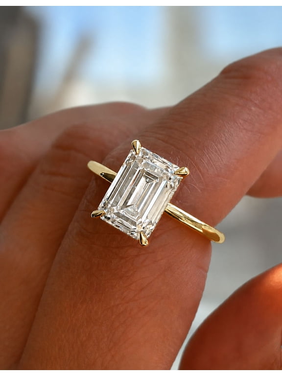 2.00Ct Emerald Cut Lab Grown Diamond Engagement Ring, Hidden Halo 10K Yellow Gold