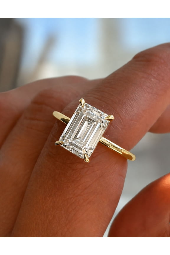 2.00Ct Emerald Cut Lab Grown Diamond Engagement Ring, Hidden Halo 10K Yellow Gold